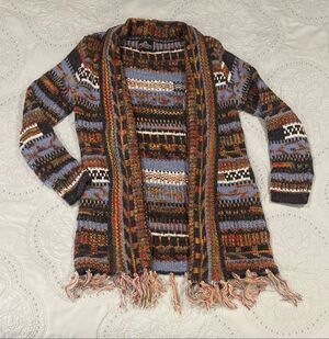 Angie Large Striped Boho Western Open Cardigan Fringe Sweater